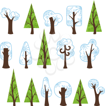 Snow spruces and deciduous trees. Vector illustration for your design. Christmas template. EPS 8.