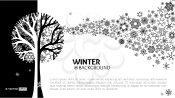Various snowflakes on tree. Snowflakes wave background. Black and white vector illustration.