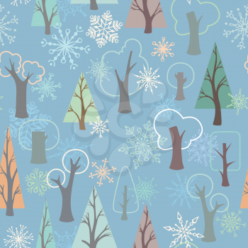 Ornate trees and snowflakes on blue background. EPS 8.