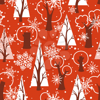 Ornate trees and snowflakes on red background. EPS 8.