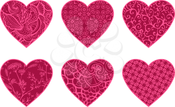 Six various vintage hearts isolated on white background. Vector elements for your Valentine's design. EPS 8.