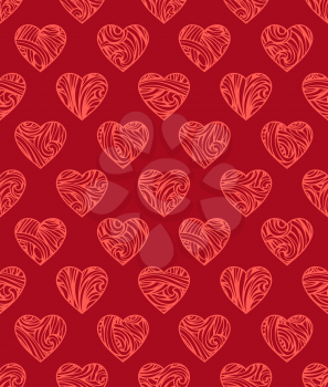 Various vintage hearts on red background. Seamless pattern can be used for wallpapers, web page backgrounds or wrapping papers. Valentine's template.
