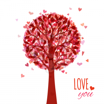 Various red and pink hearts on tree. Valentine's template. There is place for your text.