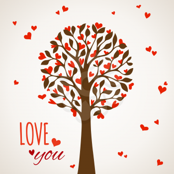 Various red hearts on tree. Valentine's card. Vector illustration.