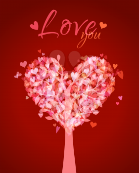 Bright love tree. Red Valentine's card. There is place for your text.