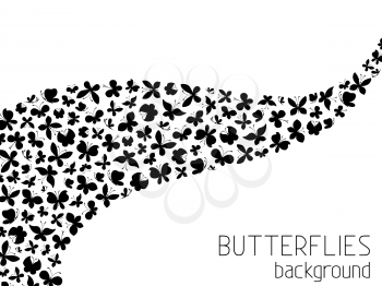 Black and white background. Set of black butterflies silhouettes on white background.