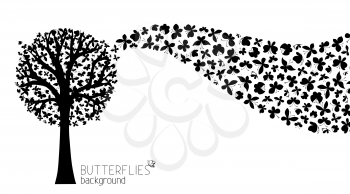 Black tree silhouette with butterflies in its twigs. Wave of butterflies. There is place for your text.