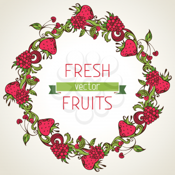 Round fruits frame on light background. There is place for your text in the center. Menu template. 