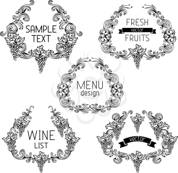 Five design elements with text isolated on white background. Retro design. Menu or wine list templates.