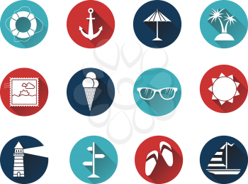 Sea summer icons for your design isolated on white background. White silhouettes on colored icons.