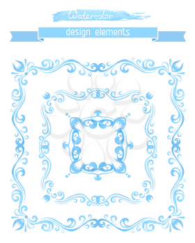 Blue ornate retro frames isolated on white background. Decorative elements. 