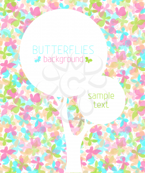 Set of various butterflies on white background. White tree silhouette. There is place for youe text ion white area.