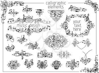 Calligraphic design elements. Page dividers and decoration with music notes and treble clefs isolated on white background.