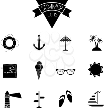 Sea summer icons for your design isolated on white background. Black and white illustration.