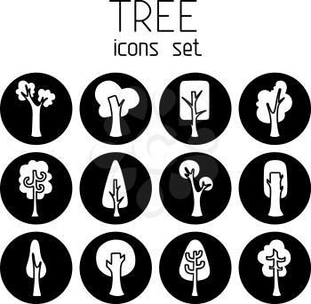 White tree silhouettes on black round backgrounds for your design. Isolated on white background.