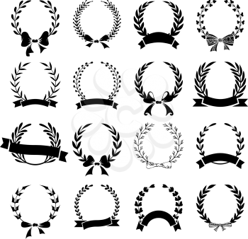 Hand-drawn wreaths with ribbons and bows isolated on white background. 