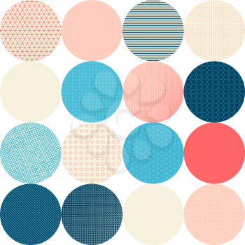 Circles with various texture on white background in retro style.