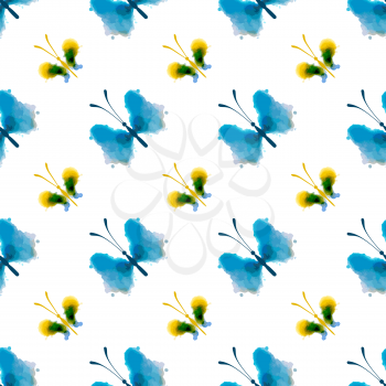 Bright butterflies of watercolor blots on white background. Abstract hand-drawn texture.