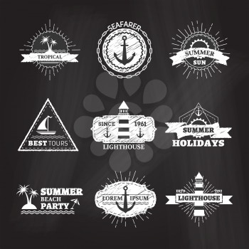 Sea and summer. Retro linear badges, labels, ribbons and emblems on blackboard background. There is place for your text.