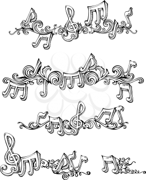 Sketch page dividers, vintage design elements and page decoration with music notes and treble clefs. Isolated on white background.