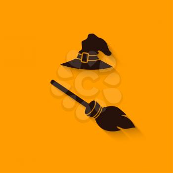 halloween Witch hat and broom - vector illustration. eps 10