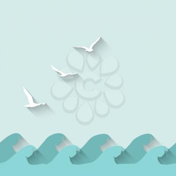 marine background with waves and birds - vector illustration. eps 10
