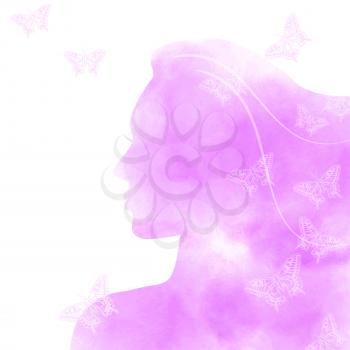 pink watercolor girl face with butterflies - vector illustration. eps 10