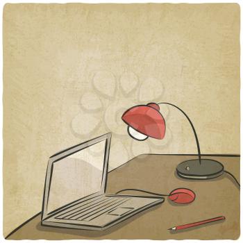 workplace laptop lamp old background - vector illustration. eps 10