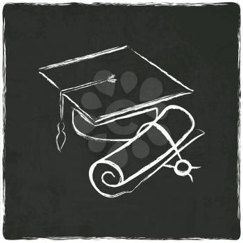 Graduation cap and diploma on old background - vector illustration