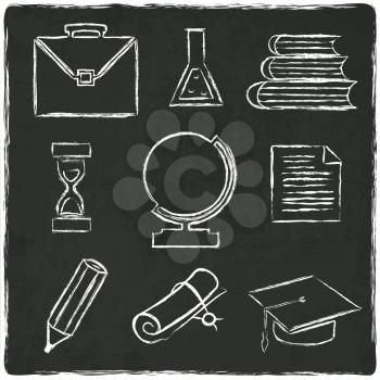 Education icons set on old black board - vector illustration