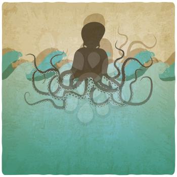 Vintage marine background with octopus - vector illustration