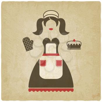 baking concept illustration. girl with pie old background - vector illustration. eps 10