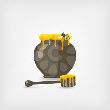 honey pot with bee and wooden dipper. vector illustration - eps 10