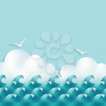 sea background with waves, clouds and seagulls. vector illustration - eps 10