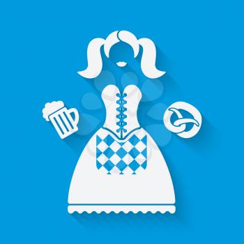 Girl in national dress with beer mug and pretzel. Oktoberfest beer festival concept in white and blue colors. vector illustration - eps 10