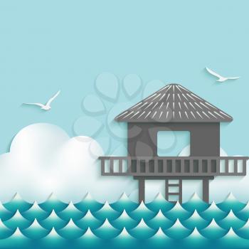bungalow over waves on sky background with seagulls. vector illustration - eps 10