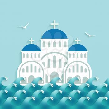 White Greek Church near blue sea. vector illustration - eps 10