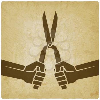 worker hands with shears old background. vector illustration - eps 10