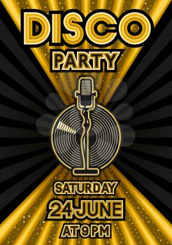 Microphone and vinyl record on black and golden background. Party poster in retro style. vector illustration - eps 10