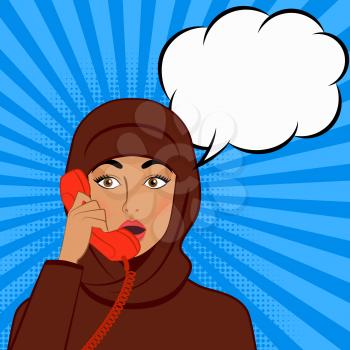 surprised girl in hijab with telephone handset on comic book background. vector illustration - eps 8