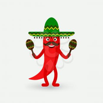 chili pepper with maracas in sombrero. vector illustration - eps 10