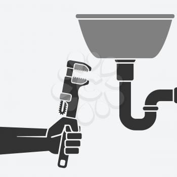 plumber with wrench repairing a leaking pipe. vector illustration - eps 8