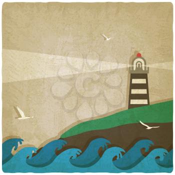 lighthouse on cliff by sea old background. vector illustration - eps 10