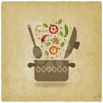 vegetarian menu or recipe book design. pot with vegetables vintage background. vector illustration - eps 10