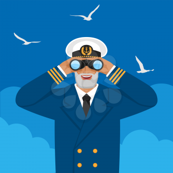 Captain looking through binoculars against cloudy sky and seagulls. Vector illustration