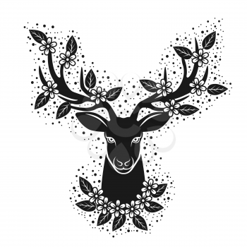 Deer head silhouette in blooming flowers. Design for t-shirt. Vector Illustration
