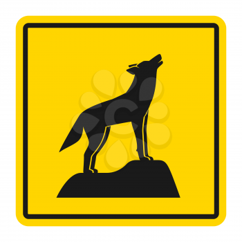 Wild animals yellow road sign. Silhouette of howling wolf. Vector illustration