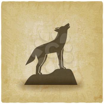 Howling wolf stands on rock vintage background. Vector illustration