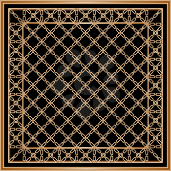 Head scarf golden chains pattern on black background with border. Vector illustration