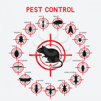 Pest Control icons set on red target. Vector illustration